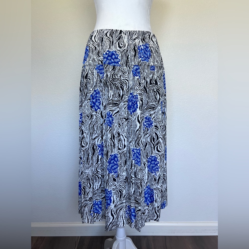 Vintage 80s Evanna Pleated Skirt & Blouse Set - Zebra & Blue Flower Print - Sz M - Picture 16 of 17
